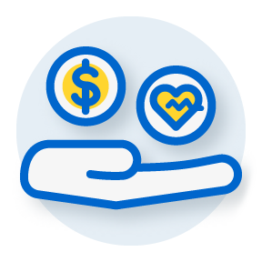 illustration of an open palm shown from the side with a circle with a dollar sign and a circle with a beating heart balanced above